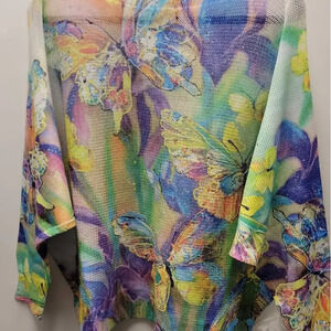 L26 Loowie Purple Butterfly Round Neck Knit Printed Sweater One Size